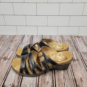 Romika Women's Wedge Black Leather Strappy Slip On Sandals Size 41 US 10